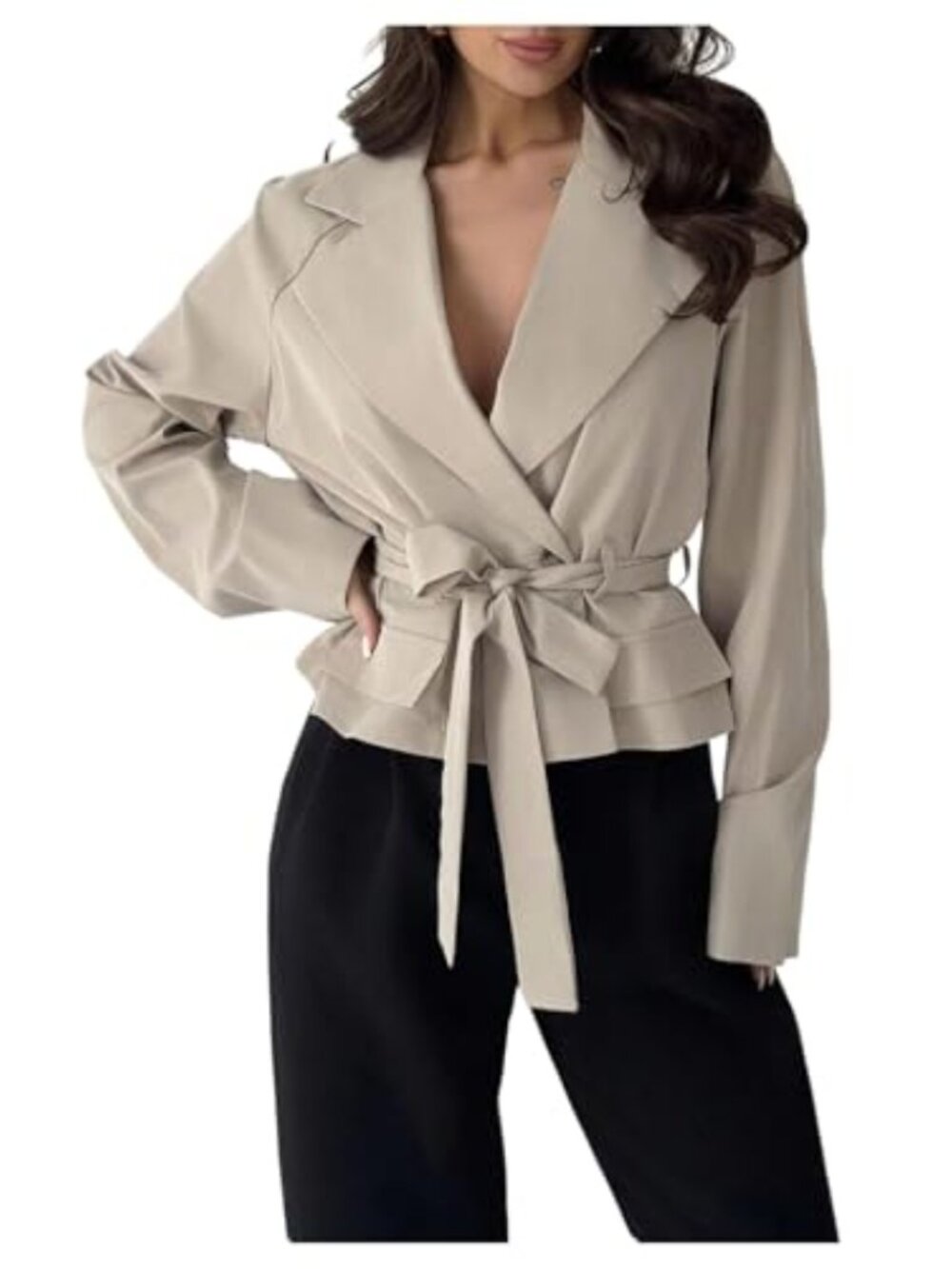 Cropped Belted Trench Coat Notch Collar Long Sleeve Fall Work Jacket
